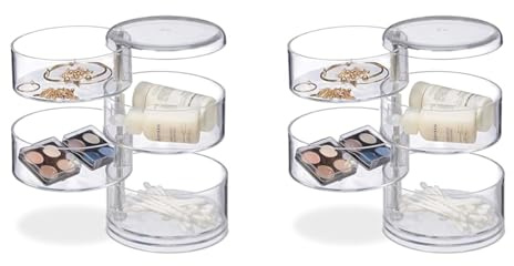 Relaxdays Kosmetik-Organizer mit 4 drehbaren Fächern, Make Up Kit f. Lippenstift etc., Kosmetik-Tower Acryl, transparent (Packung mit 2)