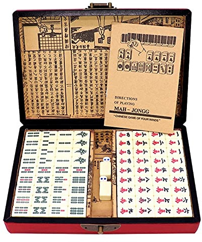 HUIOP Jeu de Mahjong numéroté chinois 144 tuiles Jeu de Mah-Jong chinois portable avec boîte