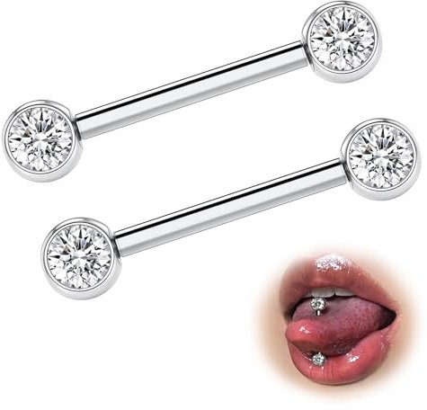 ESHIONER G23 Titan Zungenpiercing Nippelpiercing Brustwarzenpiercing Piercing Zunge 14G 14mm 4mm CZ Gerade Barbell Piercing 2Stück