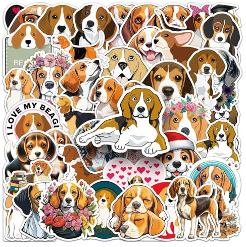Beagle Lot de 50 autocollants en vinyle pour adolescents et adultes - Motif animal mignon - Pour voiture, moto, vélo, skateboard, snowboard, bagages, ordinateur portable, valise, casque, moto,