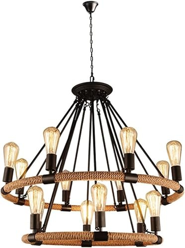 Candelier de la cuerda de cáñamo Retro American Loft Industry Cava Cava Candelier de hierro forjado E27 Fuente de luz Lámpara colgante de la cocina Luz de techo de la granja de cocina, lámpara