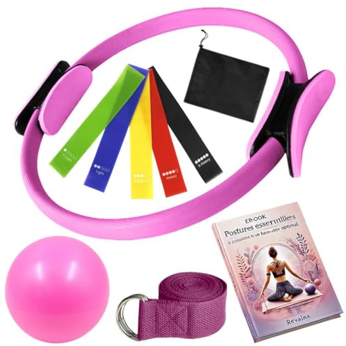 Revalinx kit Pilates Maison 8pcs, Ensemble Pilates Yoga Anneau de Pilates Femme, Ballon de Yoga, Bandes de Résistance, Sangle,Accessoires Pilates Femme, Pilates Reformer pour Sport à la Maison.
