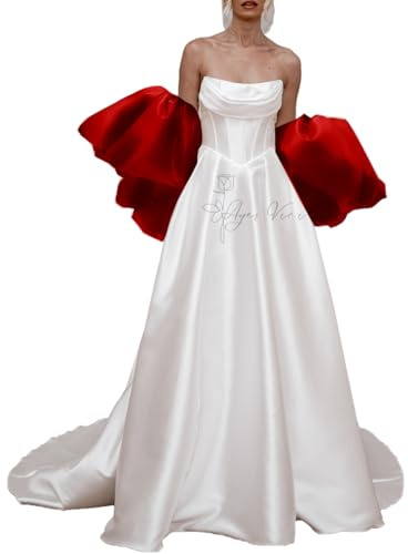 Wedding Satin Shawl Puff Sleevess Cape Bridal Bolero Evening Party Cardigan for Women and Bride Dresses (Red)