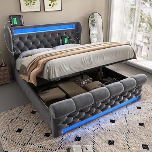 Lubvtti cama acolchada con luces LED y puertos USB + Type-C, cama de matrimonio con contenedor hidráulico de almacenamiento, terciopelo (sin colchón) (gris, 140 x