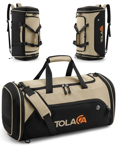 Tolaccea Sac de Sport Extensible 56–70L Homme Femme – Grand Sac de Voyage avec Compartiment Chaussures & Poche Humide, Convertible en Sac à Dos pour Fitness, Natation, Football, Voyage (Kaki Clair)