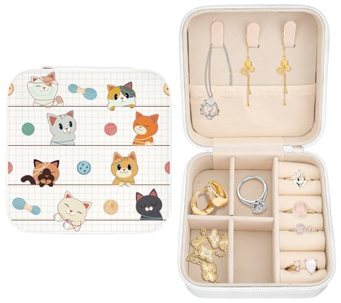 Buxainnsg Cute Cat Travel Jewelry Organizer Cute Mini Jewelry Travel Case Small Jewellery Box Case Portable Earring Ring Storage Box Bracelet Organizer Christmas Birthday Gift for Mom Wife Daughter