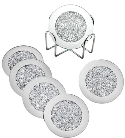 Qianly 6 Piezas Posavasos Redondos de Vidrio con Acabado de Espejo Y Diamantes Triturados Incluye Soporte Metálico Adecuado para El Hogar Bares, Astilla, Individual