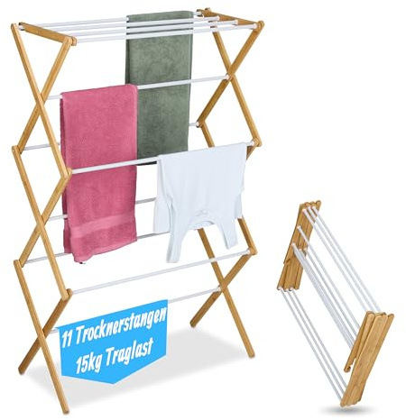 Relaxdays Tvättställ, hopfällbart, 11 stänger, H x B x D: 115 x 73 x 33 cm, bambu, metall, torkställ, natur/vit