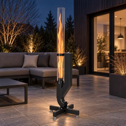 Hebitod Pelletfackel Feuerrohr, 138 cm, 3 mm Glasrohr, Kohlenstoffstahl | Verstellbare Luft- und Pelletzufuhr, Kreuzfuß mit höhenverstellbaren Fußpads, für Garten, Terrasse und Outdoor