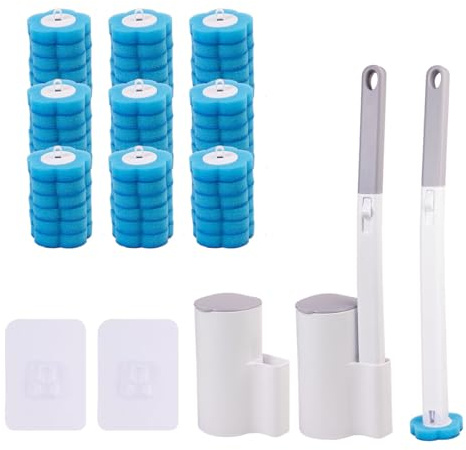 Set di 2 spazzole per WC monouso con montaggio a parete, include 54 ricariche detergente in spugna, 2 supporti per spazzole per WC - Set di spazzole per WC in blu