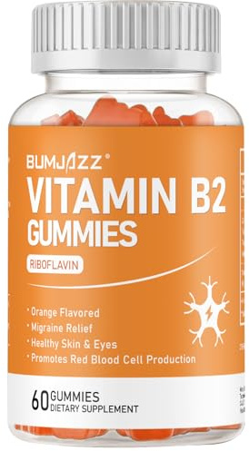 Vitamin B2 Gummies 60 Unidades Riboflavina 400mg Suplemento Alimenticio con Magnesio para Aliviar Migraña y Dolores de Cabeza, y para Apoyar el Corazón, Sistema Nervioso y Cerebro