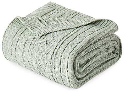 Aormenzy Sage Green Cable Knit Throw Blanket Queen Size for Bed Couch Sofa, Super Soft Cozy Knitted Blanket 90 x 90 Bed Blankets Full Size