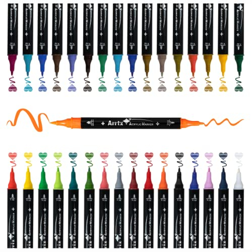 Arrtx Acrylic Paint Pens, 32 Colours Brush and Fine Tips Acrylic Markers, Rock Painting Pens Glass Pens with Water Based Ink for Metal, Plastic, Wood, Canvas, Card Making Decoration