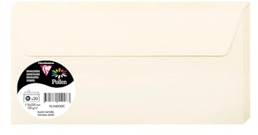 Clairefontaine 56030C – Paquete de 20 sobres autoadhesivos – Formato DL 11 x 22 cm – 120 g/m² – Color blanco natural – Invitación para eventos y correspondencia, gama Polen – Papel premium