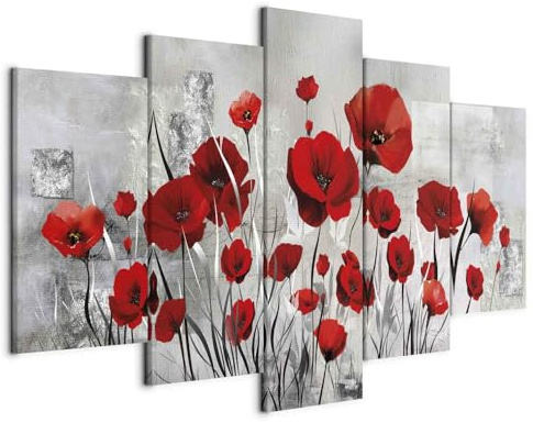 B&D XXL - Quadro Moderno Floreale Fiori Papaveri 150x75 cm 5 Pezzi - Quadri Moderni Grandi per Soggiorno - Stampa su Tela - Murale Arte Decorazione da Parete - Fiore Papavero Rosso Grigio b-A-0001-b-n