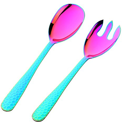BISDARUN Posate da insalata in acciaio inox, 30,8 cm, cucchiaio da insalata arcobaleno e forchette da insalata, lavabili in lavastoviglie e lucidate a specchio
