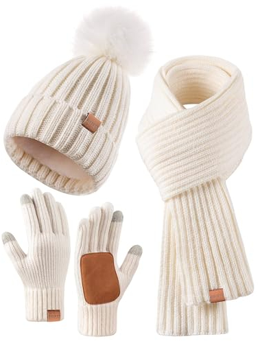 Winter Beanie Hat Scarf Gloves Set for Women, Winter Hats for Women Fleece Lined with Pom Pom Long Scarf Neck Warmer Touchscreen Gloves 3 in 1 Cold Weather Set, Gifts for Mom Sister(White)