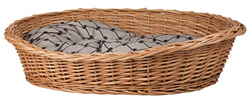 e-wicker24 Hundekorb aus Weide in Naturfarbe Tierkorb aus Korbgeflecht Katzenkorb Tierbett mit Kissen Hundebett Katzenbett (60x43 H19, Beige)