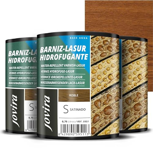 JOVIRA PINTURAS BARNIZ-LASUR Hidrofugante Protector Satinado al Agua. Protege, decora y embellece todo tipo de madera con efecto perlado. (3X750 Mililitros, Roble) E-35-3