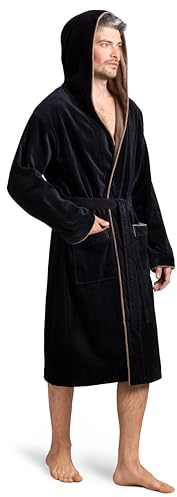 Twinzen Bademantel Herren Frottee Velour Schwarz - Baumwollsamt Morgenmantel - Baumwollvelours OekoTex Extra Weich Größe M