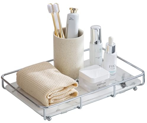 Dobbyby Vanity Tray Makeup Organizer Cosmetics Storage Bathroom Skincare Organizer Countertop Display Rack in Dresser Stainless Steel Shelf Marble Print Ceramic Trays