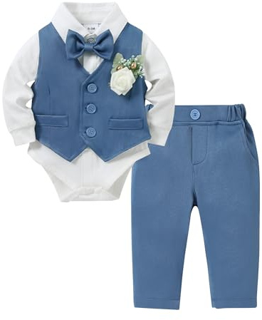 Zoerea Completini e Coordinati per Bambino, Ragazzino Battesimo Cerimonia Pagliaccetto Abbigliamento Set Pagliaccetto con Fiocco + Gilet + Corsage + Pantaloni Blu, 0-3 Mesi