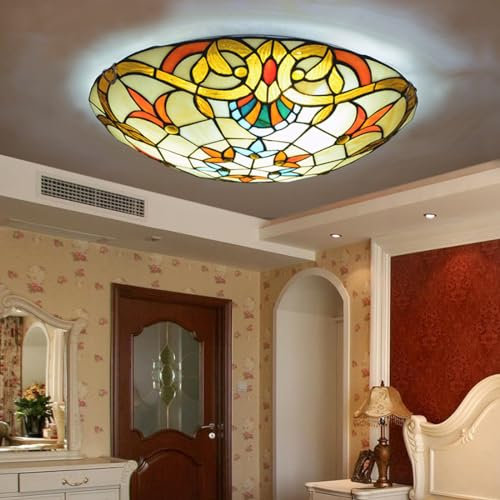 E27 Barock Antik Deckenlampe Vintage Klassisch Tiffany Schlafzimmer Lampen Rustikal Rund Glas Mittelmeer Deckenleuchte Büro Wohnzimmer Esszimmer Küchen Flur Balkon Retro LED Deckenbeleuchtung (50cm)