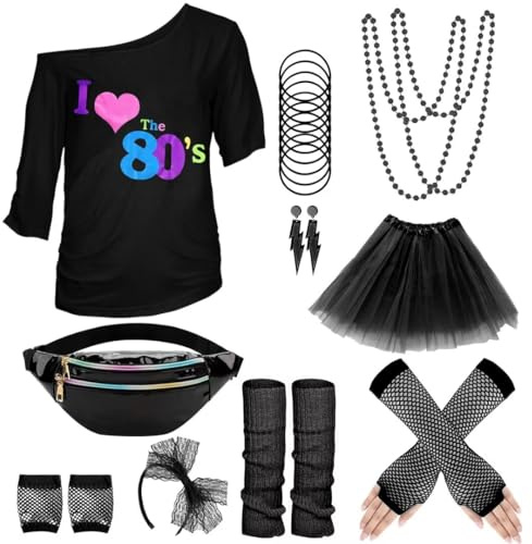 WILDPARTY 80-talsdräkt för kvinnor, t-shirt, tutu, midjeväska, pannband, örhängen, halsband, näthandskar, 80-talskostym, neontillbehör, festtema, karneval