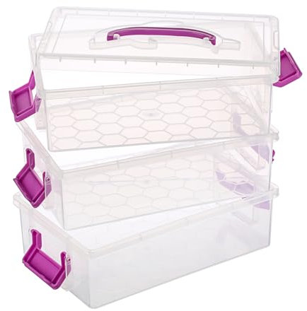 BTSKY 3 Layers Cute Dolphin Clear Plastic Pencil Box - Multipurpose Pencil Case Craft Storage Containers with 1 Lid & Handle, Easy Carry & Stack Crayon Boxes Office Supplies Storage Organizer, Purple