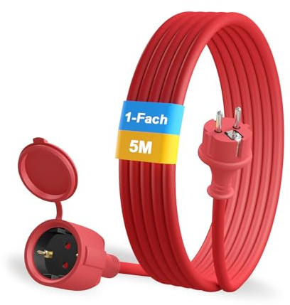 YIDE Verlängerungskabel 5m Outdoor Gummi Verlängerung mit Schuko Stecker für den Außenbereich IP44 Kabelverlängerung H05RR-F 3G 1,5mm² 3500W Elektrokabel außen mit Schutzkappe Rot