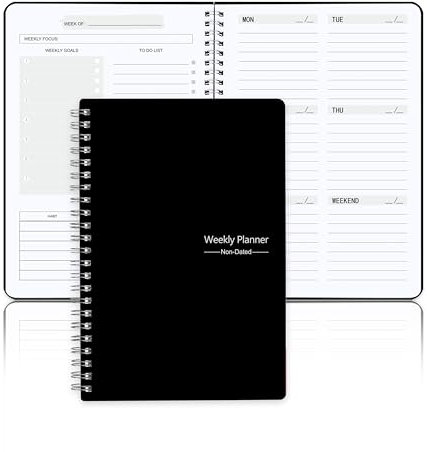 Undated Weekly Planner, Weekly Goals Notebook, A5 To Do List Planner, Habit Tracker Journal with Spiral Binding, 5.7 x 8.0 in, Black