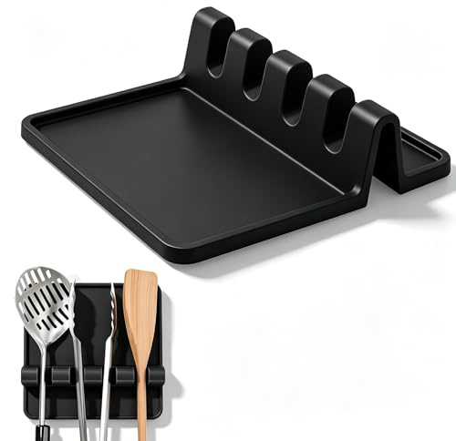 Vastsea Ripiano per Cucchiaio da Cucina, Supporto per Cucchiaio, Porta Cucchiaio Silicone, per Conservare Utensili da Cucina, Spatole, Cucchiai (Nero)