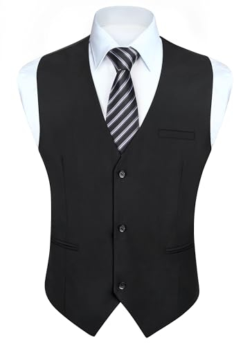 HISDERN Anzugweste Herren Schwarz Formelle Hochzeit Weste Klassische Einfarbig Anzug Westen Elegant Smoking Anzugwesten für Männer mit Taschen M