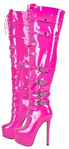 blingqueen Damen Plateau Stiefel Overknee Boots Stilettos High Heels Punk Nieten Schnürstiefel Metallic Pink 40 EU