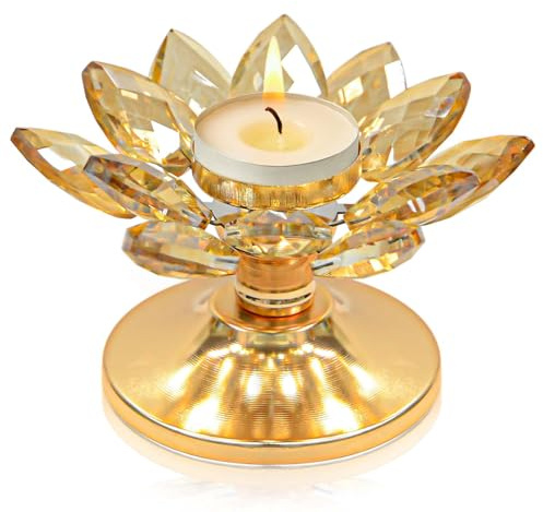 1 PC Gold Crystal Flower Tea Light Holder, Glass Tealight Candlestick with Metal Base, Votive Candle for Table Centerpiece, Wedding/Parties Decor, Nice Gift