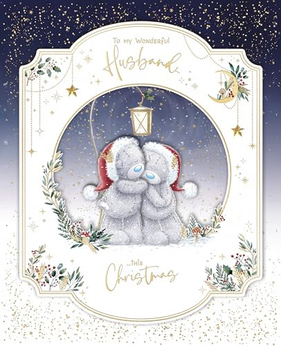 Me To You Tatty Teddy lyxigt förpackat handgjort julkort för en underbar make, jultomtebjörnar under lampa 20 x 25 cm – officiell samling