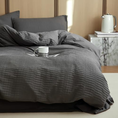 Covebett Seersucker Bettwäsche 140x200 Grau Anthrazit Uni Sommer Wendebettwäsche 2teilig Modern Gestreift Strukturiert Atmungsaktiv Microfaser Bettbezug und Kissenbezug 70x90 mit Reißverschluss