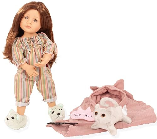 Götz 2511042 Little Kidz Grete PJ Party Puppe - 36 cm große Multigelenk-Stehpuppe mit braunen Haaren und grauen Augen - 8-teiliges Set