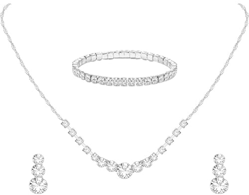 Tatibana Fashion Rhinestone Earrings Necklace Bracelet Three Piece Set, Women's Tennis Necklace Bracelet, For Women's Wedding Jewelry or Party Accessories