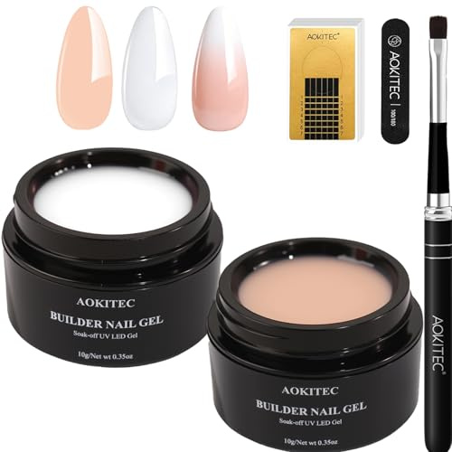 Aokitec uppbyggnadsgel för gelnaglar: 4 grundfärger builder nagelgel nagelset klar vit naken rosa nageltjocklek gel med nagelborste 100 stycken nagelformer för naglar -06