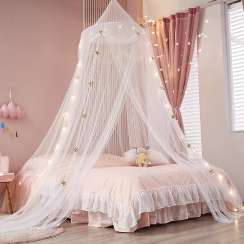 ZIQINPSQ Toldo de cama de princesa para niñas con estrellas doradas (sin lámpara) | Mosquitera de ajuste universal para cunas, camas individuales, dobles y king | Cortinas de toldo para niños fáciles