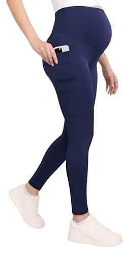 Motherhood Maternity Women's Over The Belly Workout Activewear Pregnancy Leggings with Pockets, Peacoat, Small