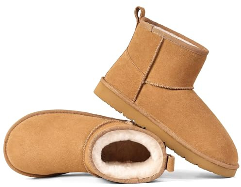 OOW Womens Genuine Suede Boots Brown Anti-slip Warm Comfort Ankle Fuzzy Winter Short Boots for Outdoor Indoor