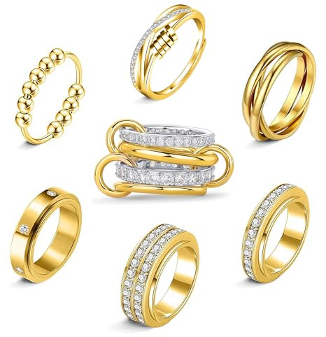 LOFITOR 7 stycken anti-stressringar i rostfritt stål för kvinnor och män - spinnerringar med CZ och sammanflätade mönster - avslappningsringsset