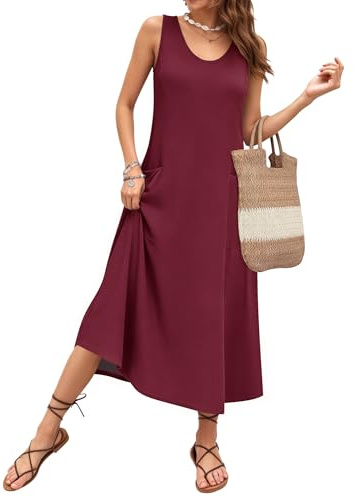 AUSELILY Vestido de Verano Mujer sin Mangas Corte en A Largo Maxi Informal con Cuello en U Holgado Ideal para la Playa y Vacaciones con Bolsillo Rojo Vino 2XL