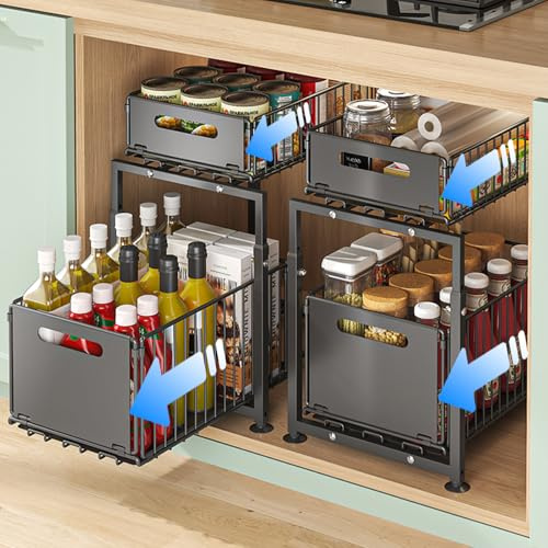 HABITELLO Lote de 2 Organizador Bajo Fregadero Extraíble de Metal 2 Niveles | Almacenaje y Organización Multiusos para Cocina Baño Armario y Especias