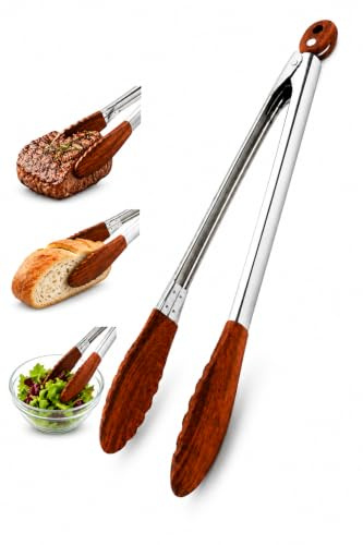 Pinzas Cocina larga Acero Inoxidable y Madera de Nogal, 38 cm, Resistentes al Calor, Ideales Parrilla, BBQ Cocina y Servir, No Rayan Sartenes, antiadherentes (38 CENTIMETROS) CAMBLA®