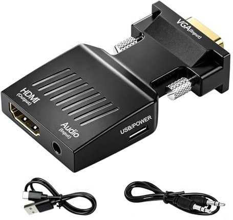Convertidor VGA a HDMI con Audio, Adaptador VGA Macho a HDMI Hembra 1080P, PC Antiguas Portátiles Monitores Proyectores HDTV, Incluye Cable de Audio 3,5mm y Micro USB para Alimentación, Plug and Play