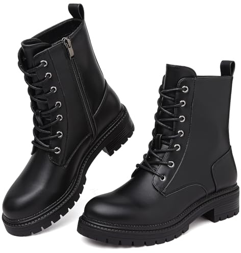 Bravover Boots for Women Waterproof Ankle Boots Work boots Lace Up Ladies boots Side Zipper Combat Boots Walking Boots Casual Boot Womens Black Boots Platform Leather Booties
