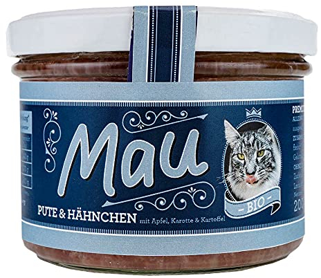Mau BIO Katzenfutter Pute & Hähnchen 200g im Glas mit Apfel, Karotte und Reis im wiederverschließbarem Glas (4 x 200g)